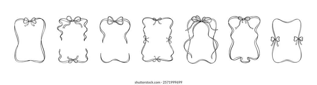 Set of aesthetic ribbon scroll rectangle frames. Cute line doodle scribble, squiggle drawings. Coquettish girly elegant style. Vedding, Christmas, valentines day, bachelorette party, menu design