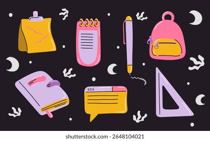 Set of Aesthetic Stationery. Office desk supplies and back to school elements in doodle style. Collection of groovy cute funky boho illustrations
