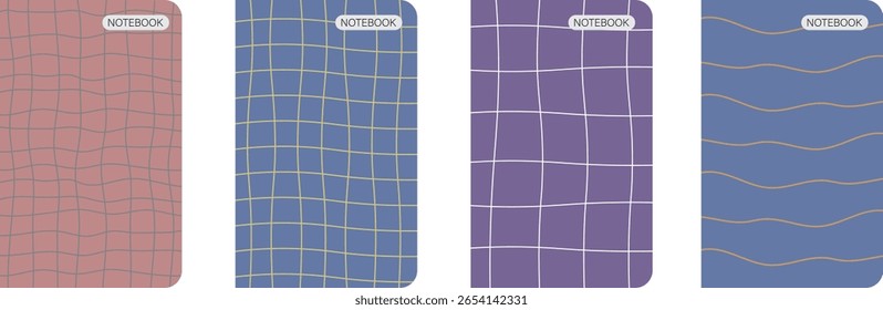 Set of aesthetic wavy grid notebook covers in soft pastel colors with modern design. Ideal for stationery, school supplies, planners, and branding mockups. Stylish, minimalist, and trendy templates.