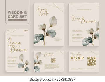 Set of Aesthetic Wedding Invitation Template with Watercolor Leaves Arrangement