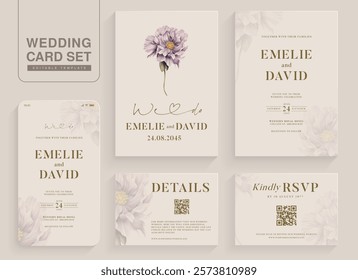 Set of Aesthetic Wedding Invitation Template with Purple Flower Watercolor