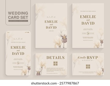 Set of Aesthetic Wedding Invitation Template with Iris Floral Watercolor