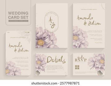 Set of Aesthetic Wedding Invitation Template with Purple Flower Watercolor