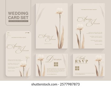 Set of Aesthetic Wedding Invitation Template with Brown Iris Floral Watercolor