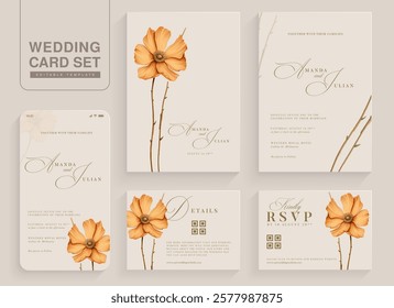 Set of Aesthetic Wedding Invitation Template with Brown Flower Watercolor