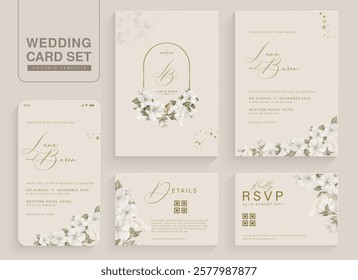 Set of Aesthetic Wedding Invitation Template with White Flower Arrangement