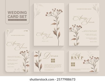 Set of Aesthetic Wedding Invitation Template with Flower Arrangement