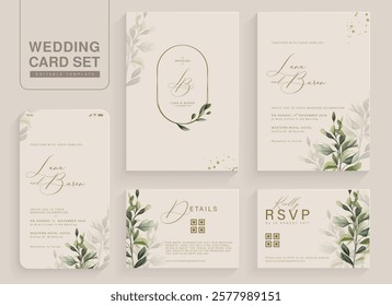 Set of Aesthetic Wedding Invitation Template with Green Leaves Watercolor