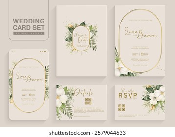 Set of Aesthetic Wedding Invitation Template with Tropical Flower Bouquet Watercolor