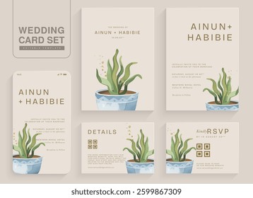 Set of Aesthetic Wedding Invitation Template with Potted Plant Watercolor Arrangement