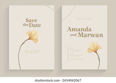 Set of Aesthetic Wedding Invitation Template with Brown Flower Watercolor