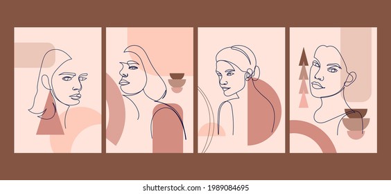 Set of aesthetic Woman face continuous line drawing abstract minimalistic style. Continuous line art in elegant style for prints, wall decor, tattoos. Beautiful WomenLine art vector