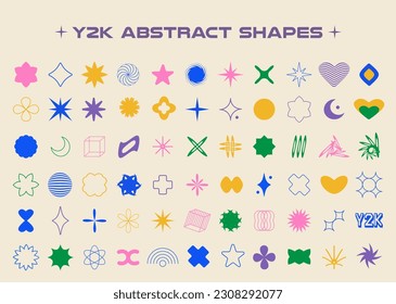 Set of aesthetic y2k geometric shapes. Simple trendy colorful geometric shapes. Retro design elements. Vector illustration for social networks or posters. EPS 10