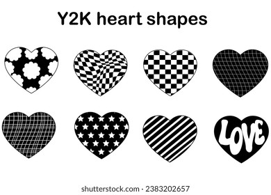 Set of aesthetic y2k heart shapes. Simple  black and white geometric retro shapes. 2000s Y2k retro futuristic aesthetic.  For social networks or posters. 00s love concept. 