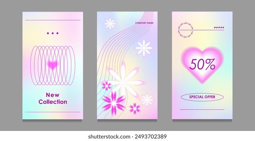 Set of aesthetic y2k sale stories banners template with gradient background, text, geometric elements. Vector illustration design for wallpaper stories, posts, posters, banners, cards