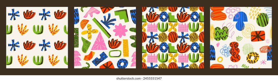 Set of Aesthetics Abstract contemporary seamless pattern with hand drawn textured shapes, spots, scribble and lines. Vibrant grunge geometric brutalism y2k 2000s print. Modern collage vector