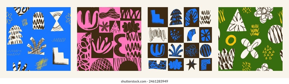 Set of Aesthetics Abstract contemporary seamless pattern with hand drawn textured shapes, spots, scribble and lines. Vibrant grunge geometric brutalism y2k 2000s print. Modern collage  illustration.