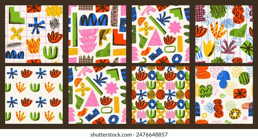 Set of Aesthetics Abstract contemporary seamless pattern with hand drawn textured shapes, spots, scribble and lines. Vibrant grunge geometric brutalism y2k 2000s print. Modern collage vector 