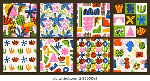 Set of Aesthetics Abstract contemporary seamless pattern with hand drawn textured shapes, spots, scribble and lines. Vibrant grunge geometric brutalism y2k 2000s print. Modern collage vector