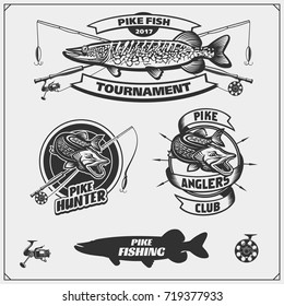 Set af fishing labels with a pike and fishing tackle. Fishing emblems and design elements.