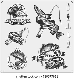 Set af fishing labels with a pike and fishing tackle. Fishing emblems and design elements.