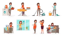 Set Of Affairs Woman Housewife. Mother Washes, Irons, Vacuums, Cleans, Sews, Cooks, Brings Up Children. Vector Illustration In A Flat Style