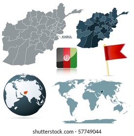 Set of afganistan maps, red flag pin and flag icon.  Source: http://www.lib.utexas.edu/maps/