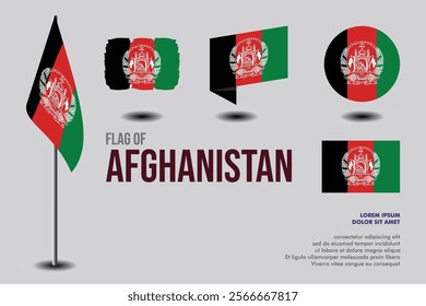 Set of Afghanistan flag in 5 designs: flag on pole, brush stroke, skew, round and standard. vector, flat, isolated on grey background