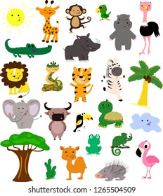 Set of afracan cute animals and birds. Vector illustration.