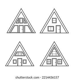 Conjunto de casas con marco A. Colección de edificios triangulares con diferentes formas de puertas y ventanas. Iconos con un estilo de sketch line de moda. Ilustración vectorial.