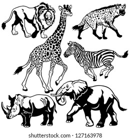 set with africa animals,beasts of savanna,black white isolated pictures,vector illustration