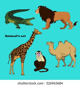 set with africa animals,beasts of savanna,pictures isolated on blue background,vector illustration