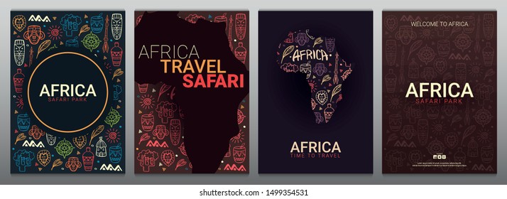 Set of Africa banners. Safari Park. Colorful illustration with hand draw doodle Background