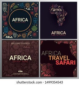 Set of Africa banners. Safari Park. Colorful illustration with hand draw doodle Background