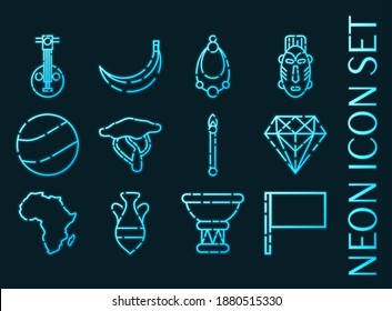 Set of Africa blue glowing neon icons.