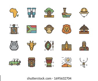 Set of Africa Flat Color Line Icons. Tooth Pendant, Binoculars, Animals and more