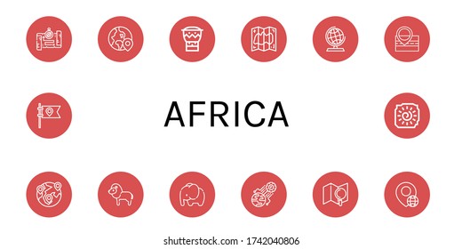 Set of africa icons. Such as Map, Globe, Bongo, Global, Lion, Elephant, World, Flag, Cave painting , africa icons