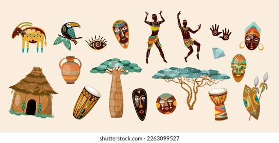 
Set Africa items symbols people animals. Isolate on a white background. Vector illustration. svg