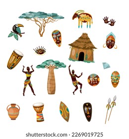 
Set Africa items symbols people animals. Isolate on a white background. Vector illustration.