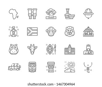 Set of Africa Line Icons. Tooth Pendant, Binoculars, Ethnic Pottery, Cork Helmet, Water Flask, Traditional House, Offroad Car, Tribal Mask, African Animals and more. Pack of 48x48 Pixel Icons