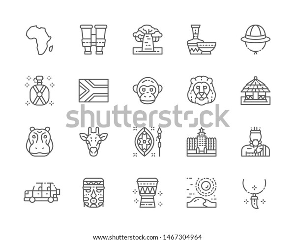 Set of Africa Line Icons. Tooth Pendant,\
Binoculars, Ethnic Pottery, Cork Helmet, Water Flask, Traditional\
House, Offroad Car, Tribal Mask, African Animals and more. Pack of\
48x48 Pixel Icons