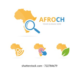 Set of africa logo combination. Safari and magnifying symbol or icon. Unique geography, continent and search logotype design template.