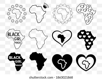 Satz afrikanischer Karten, Vektorsilhouetten. Ich liebe das Afrika-Symbol. Zauberziffer für Schwarze Mädchen