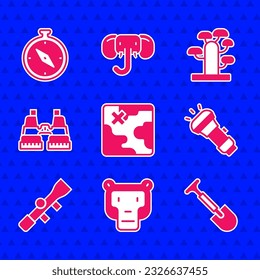 Set Africa safari map, Monkey, Shovel, Flashlight, Sniper optical sight, Binoculars, African tree and Compass icon. Vector
