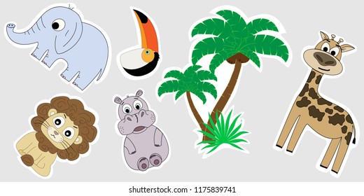 A set of Africa stickers. Stickers for children are a lion, a hippopotamus, a palm tree, an elephant, a giraffe, a toucan. Stickers of African beasts.