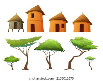 Set of Africa village. Rural houses made of clay and straw. African landscape. Isolated on white background. Acacia trees. Vector.