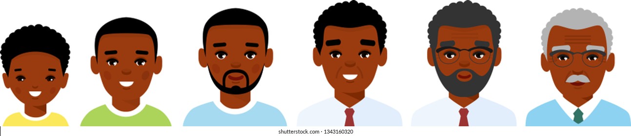 Set of african american age group avatars man in colorful style. All age group of african american people. Generations man. Stages of development people - infancy, childhood, youth, maturity, old age.