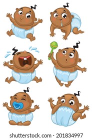 Set of an  african american baby boy in different emotions and situations.