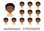 Set of african american boy with different facial expressions. Collection boy emotions face. Cartoon character design. Happy, smile, angry, sad, crying, offended. Vector isolated on white background