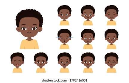 Set Of African American Boy With Different Facial Expressions. Collection Boy Emotions Face. Cartoon Character Design. Happy, Smile, Angry, Sad, Crying, Offended. Vector Isolated On White Background